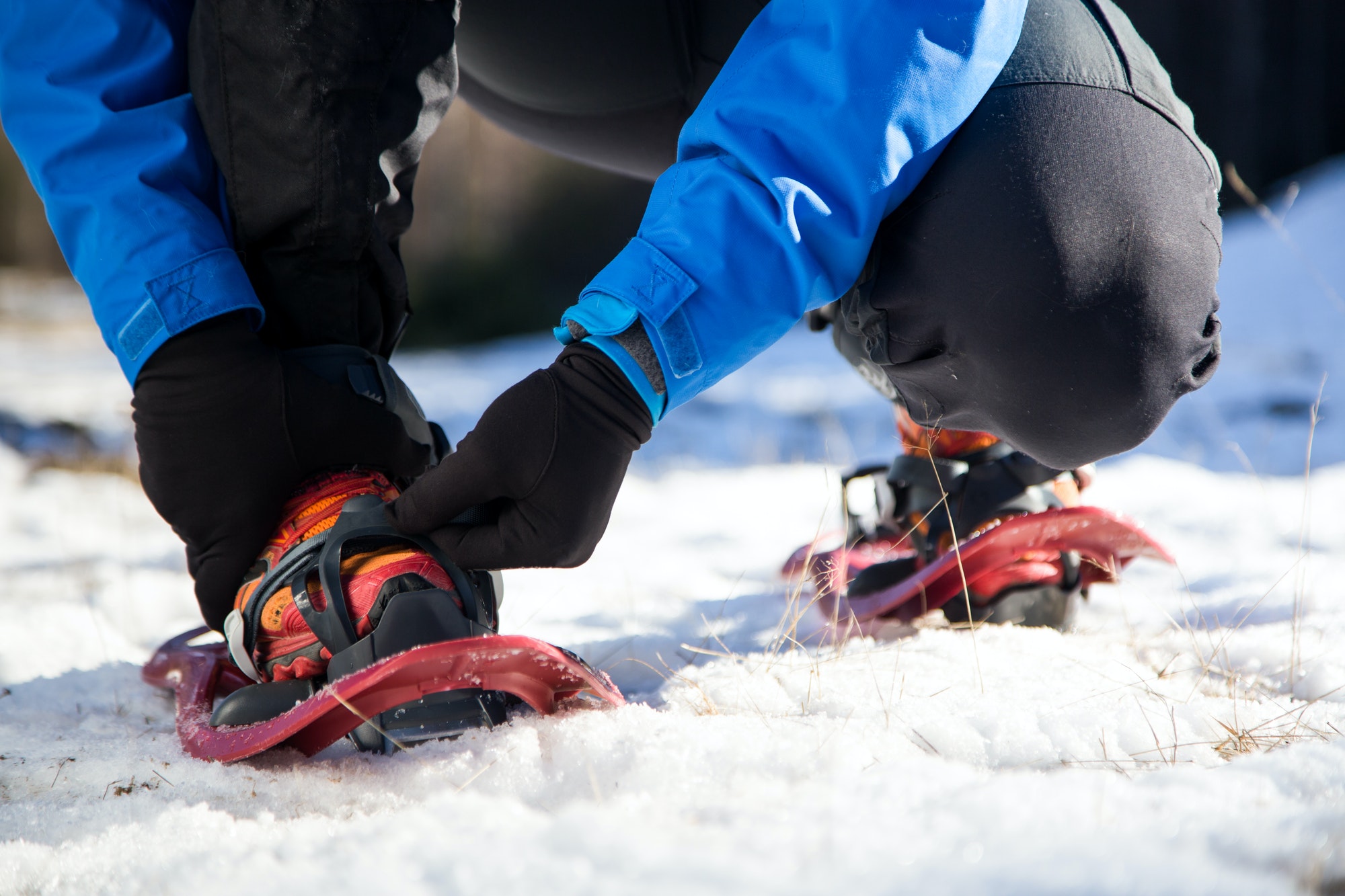 Young man preparing to walk on snowshoes over winter background.